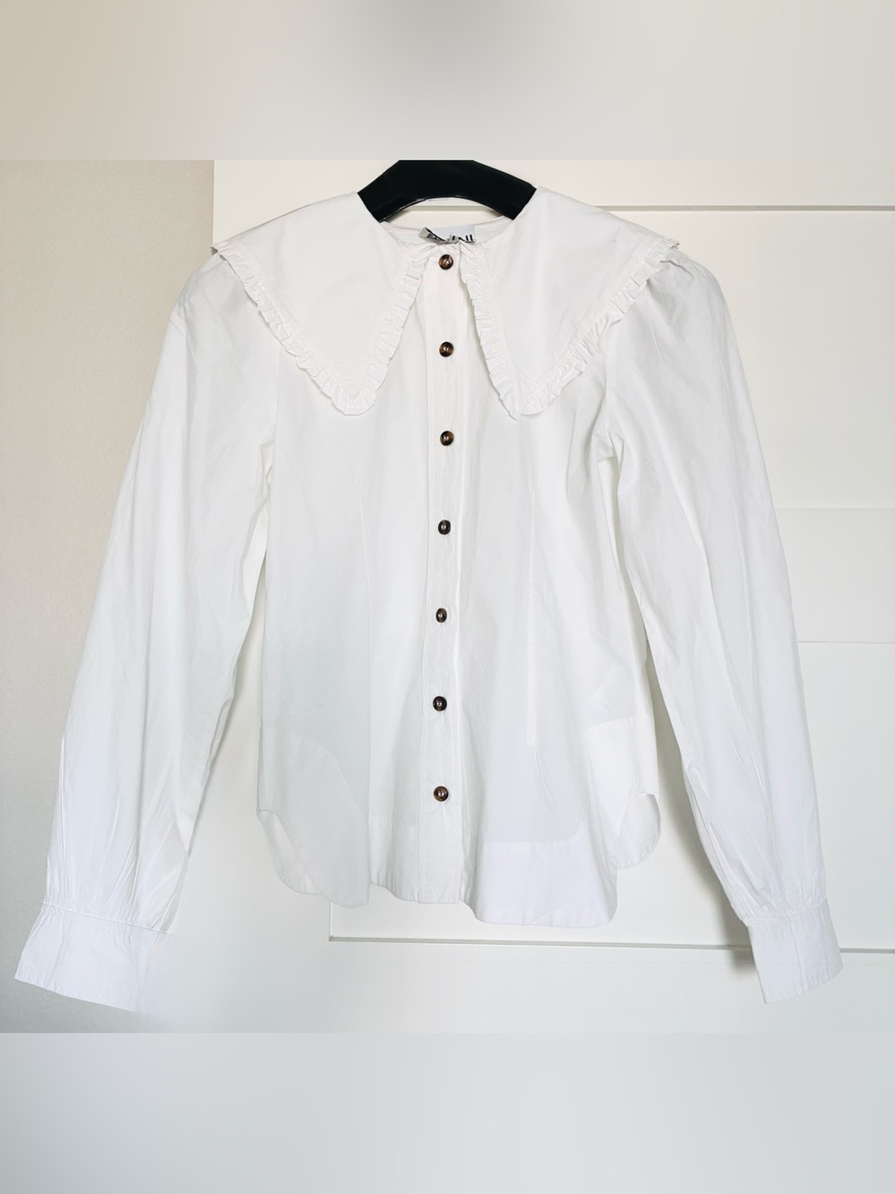 GANNI 34 US XS / S White Poplin Ruffled Oversized Collar Button-Down Shirt